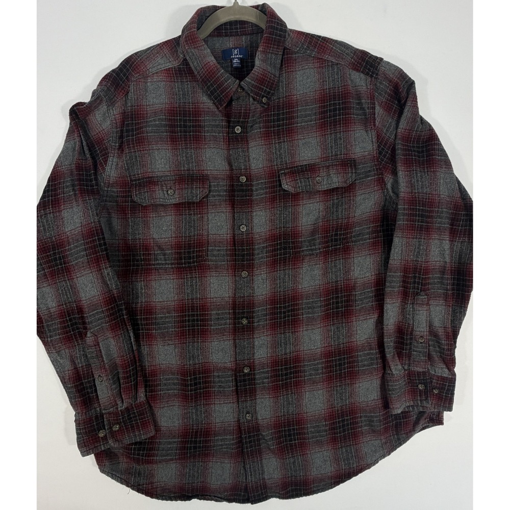 George Flannel Shirt Mens 2XL Burgundy Grey Plaid Excellent Long Sleeve Cotton